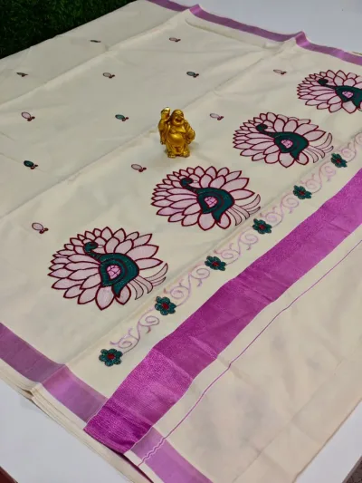 Floral Vine Printed Cotton Saree – Off White & Pink